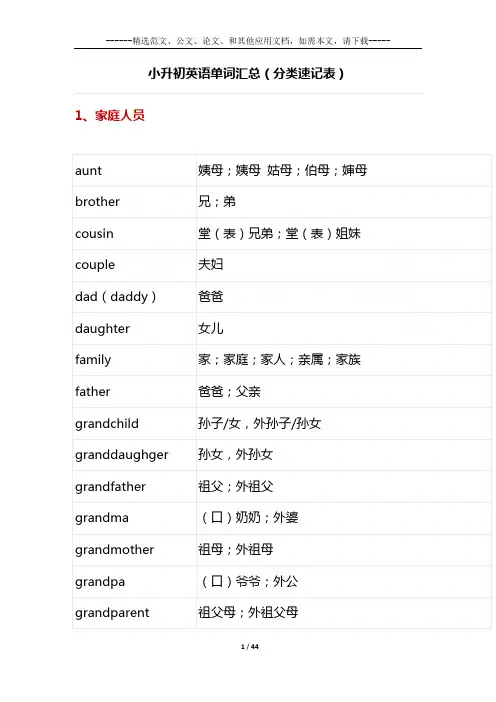 小升初英语单词汇总(分类速记表)