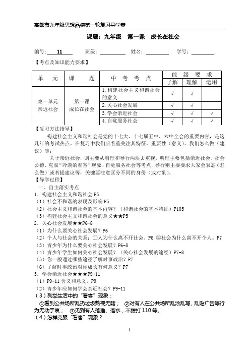 复习课导学案 九年级思想品德第一课 成长在社会(学)