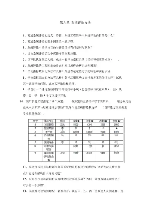 第六章系统评价方法1、简述系统评价的定义、特性,系统工程活动中系统