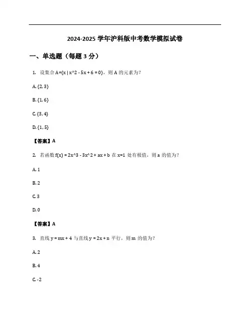 2024-2025学年沪科版中考数学模拟试卷及答案