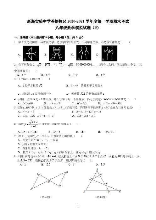 江苏省连云港新海实验中学苍梧校区2020-2021学年第一学期八年级期末模拟卷(3)
