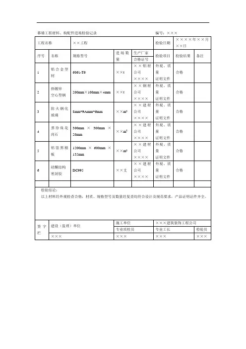 幕墙工程材料、构配件进场检验记录