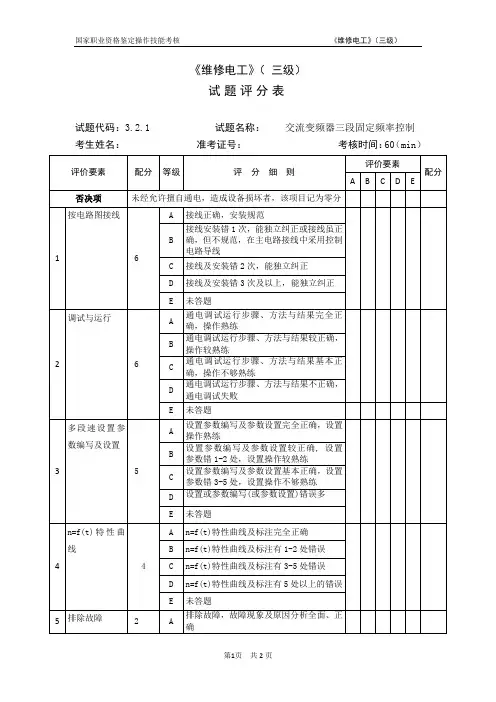 上海市_维修电工_三级_高级_交直流调速_西门子M440_最新版_2013年 03月_V4.0_操作技能鉴定_3.2.1试题评分表