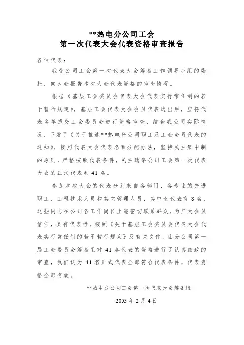 分公司工会第一次代表大会代表资格审查报告