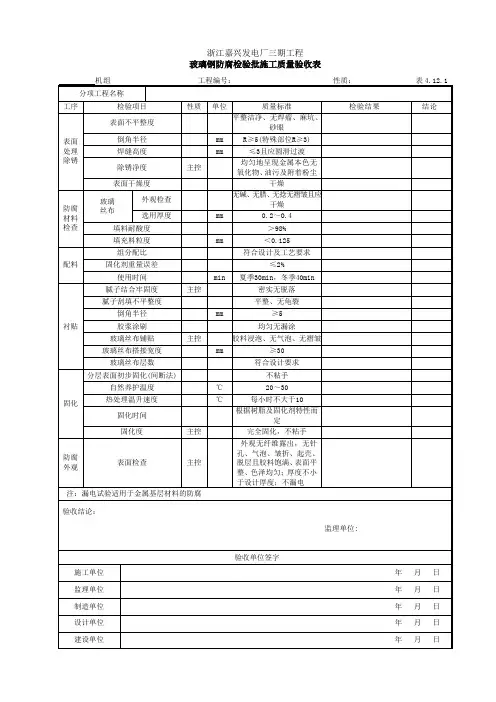 玻璃钢防腐检验批施工质量验收表
