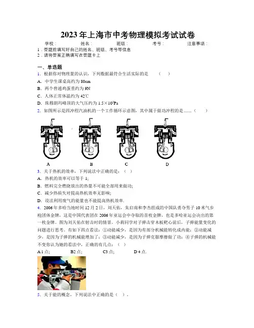 2023年上海市中考物理模拟考试试卷附解析