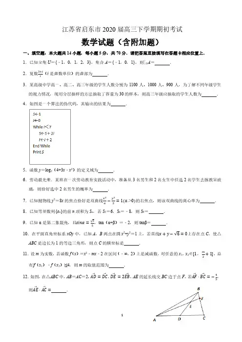 江苏省启东市2020届高三下学期期初考试数学试题含附加题(含解析)