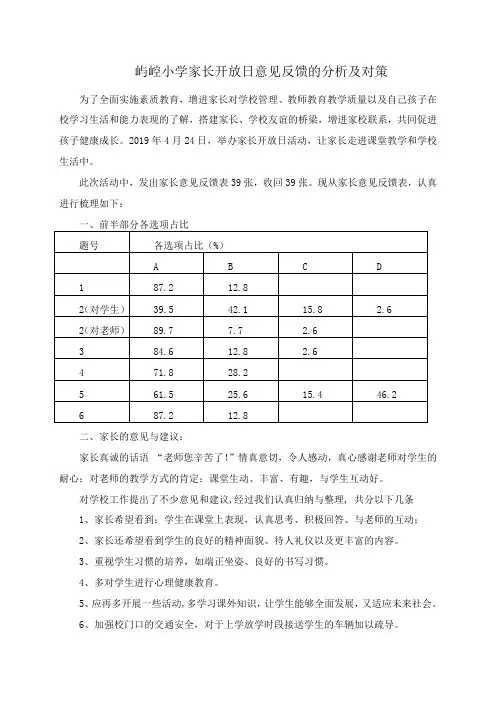 屿崆小学家长开放日意见反馈的分析及对策