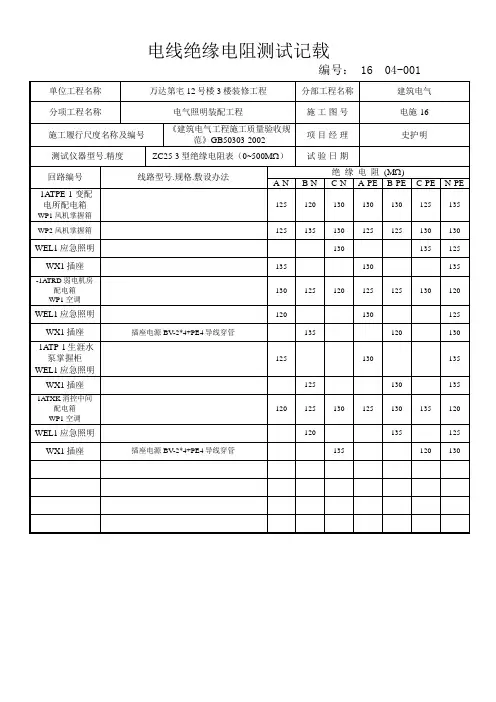 电线绝缘电阻测试记录