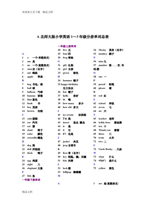 最新北师大版小学英语1～6年级分册单词总表
