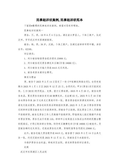 民事起诉状案例,民事起诉状范本
