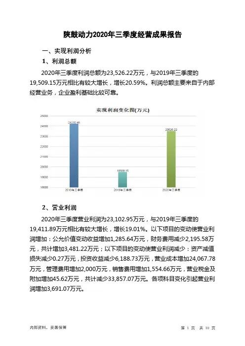 陕鼓动力2020年三季度经营成果报告