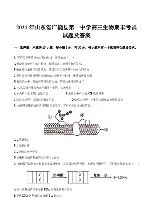 2021年山东省广饶县第一中学高三生物期末考试试题及答案