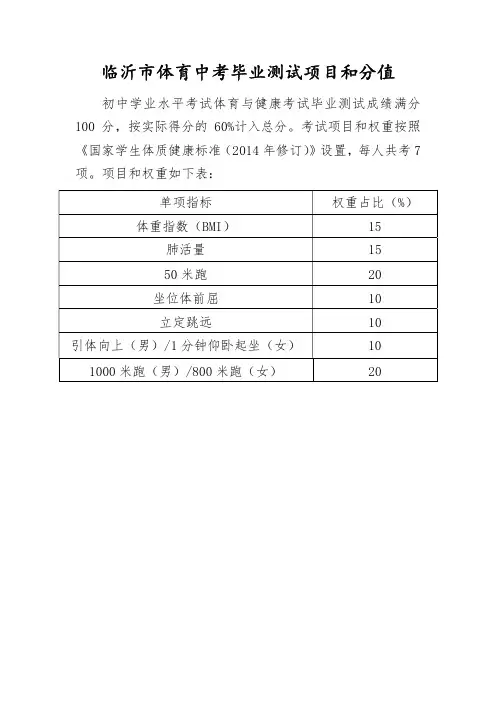 山东临沂中考体育项目评分