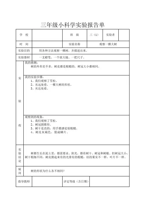 三年级上册《科学》实验报告单(教科版18.09)