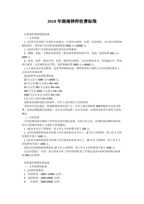 2018年湖南律师收费标准
