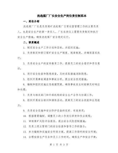 洗选煤厂厂长安全生产岗位责任制范本