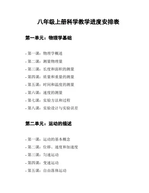 八年级上册科学教学进度安排表