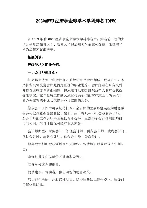 2020ARWU经济学全球学术学科排名TOP50