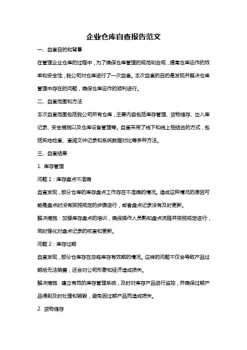企业仓库自查报告范文