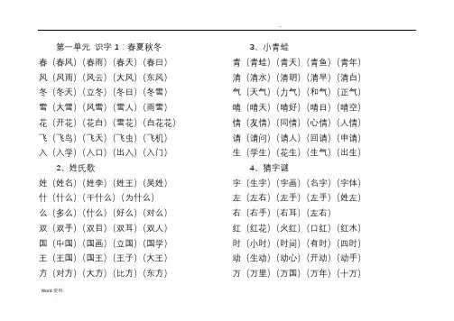 部编版语文一年级下册词语表(四会字组词)