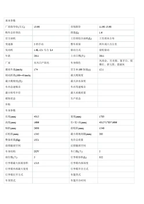 日产阳光基本配罝