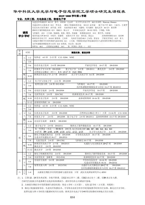 182光电学院2019-2020学年第1学期研究生专业课课表-定稿