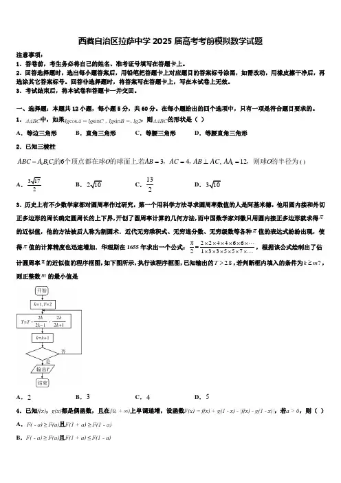 西藏自治区拉萨中学2025届高考考前模拟数学试题含解析