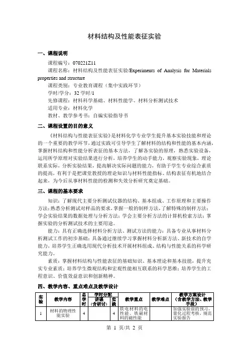 材料结构及性能表征实验  教学大纲