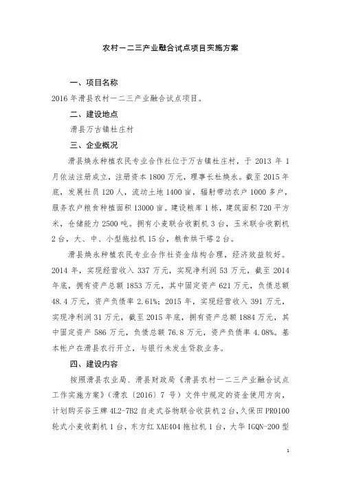 农村一二三产业融合试点项目实施方案