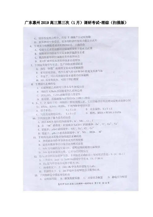 广东惠州2019高三第三次(1月)调研考试-理综(扫描版)