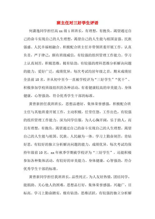 班主任对三好学生评语