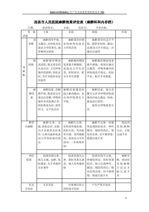麻醉效果评定表、流程、定期评价