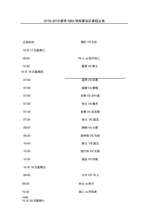 2018_2019赛季NBA赛程总表