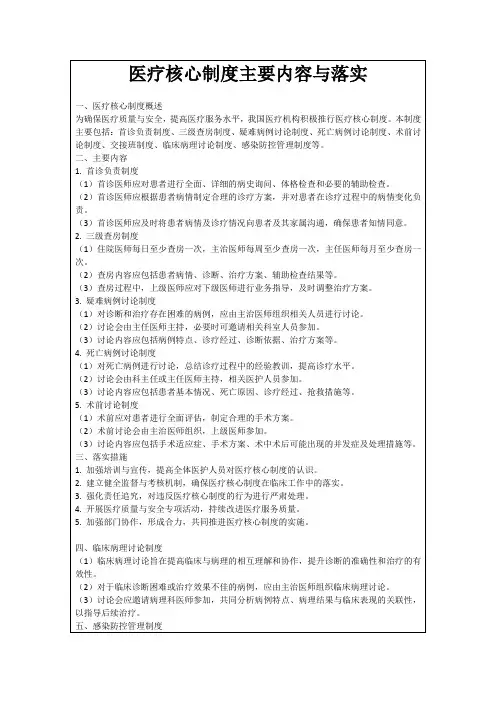 医疗核心制度主要内容与落实