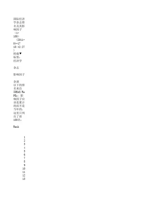 国际经济学杂志排名及其影响因子1-100)