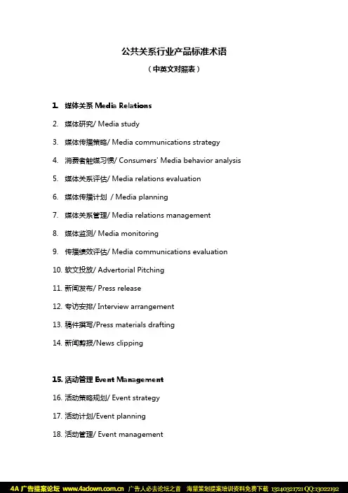 公共关系行业产品标准术语(中英文对照表)