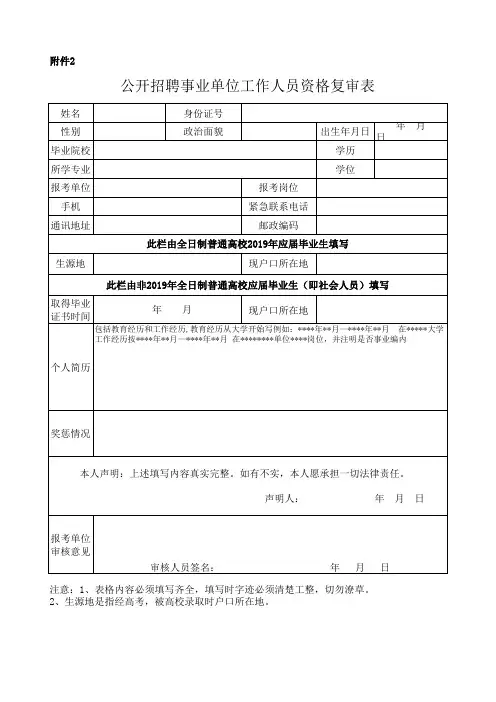 公开招聘事业单位工作人员资格复审表