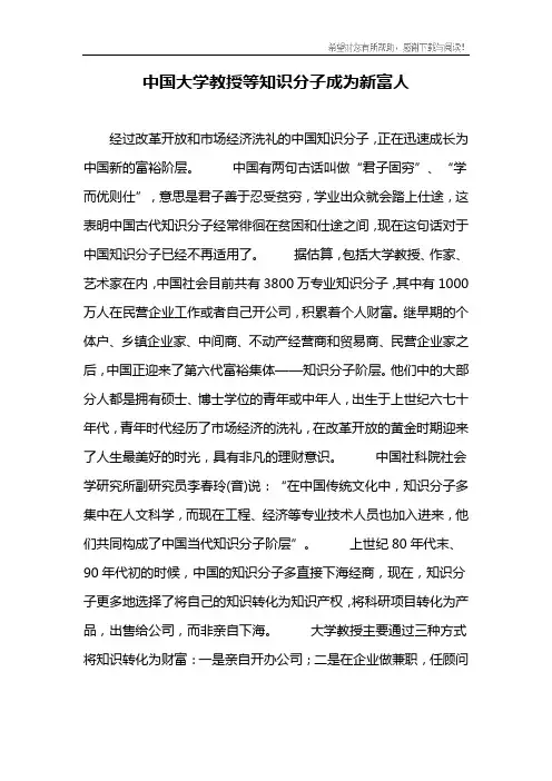 中国大学教授等知识分子成为新富人