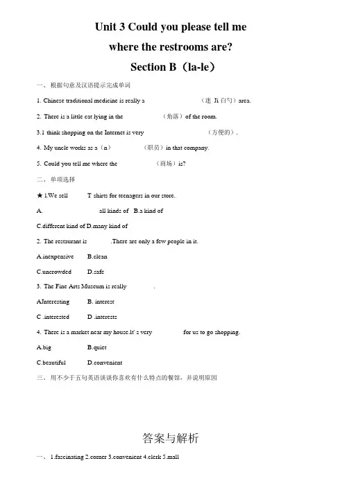 人教版九年级英语全一册《Unit 3 Section B》作业同步练习题及参考答案