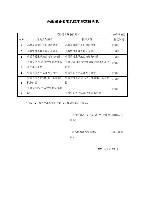 采购设备要求及技术参数偏离表