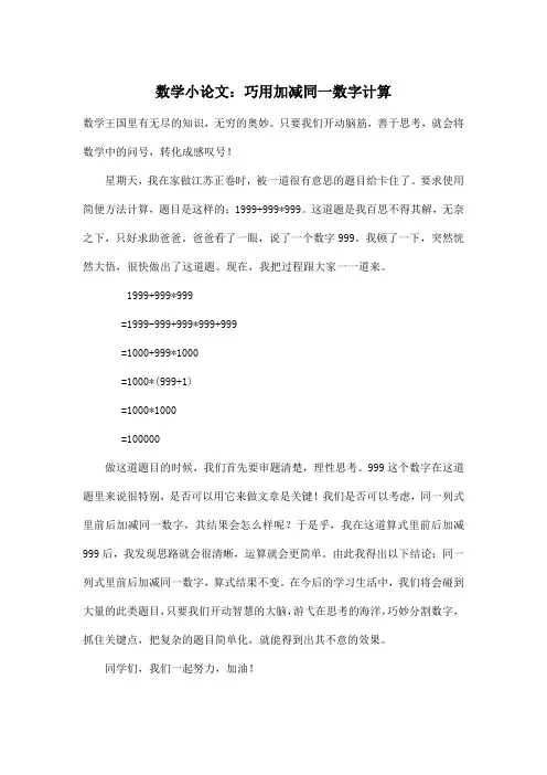 数学小论文：巧用加减同一数字计算_小学四年级作文500字
