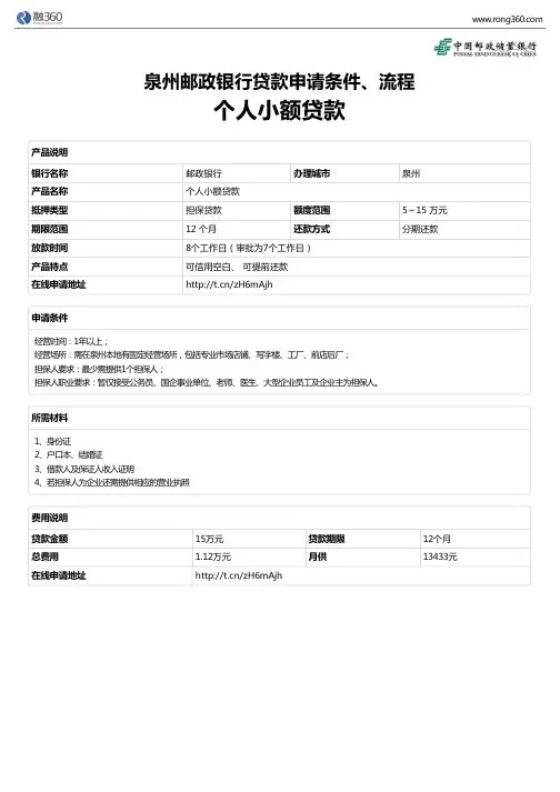 《个人小额贷款》泉州邮政银行-担保贷贷款-申请条件、材料、流程、利率