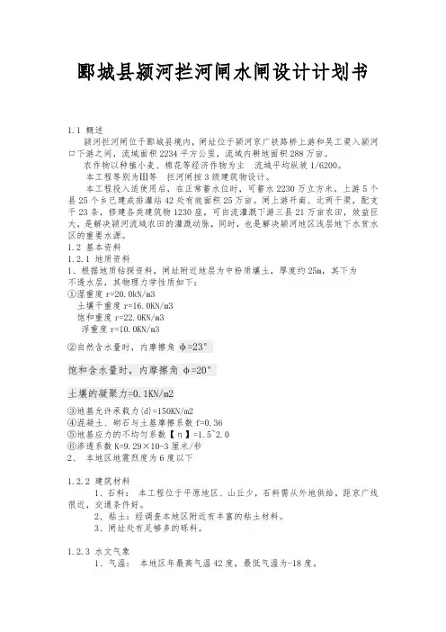 郾城县颍河拦河闸水闸设计项目计划书