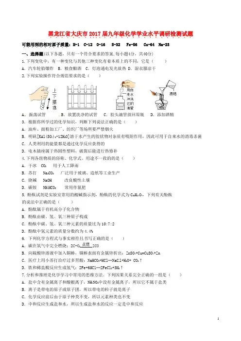 黑龙江省大庆市2017届九年级化学学业水平调研检测试题 精