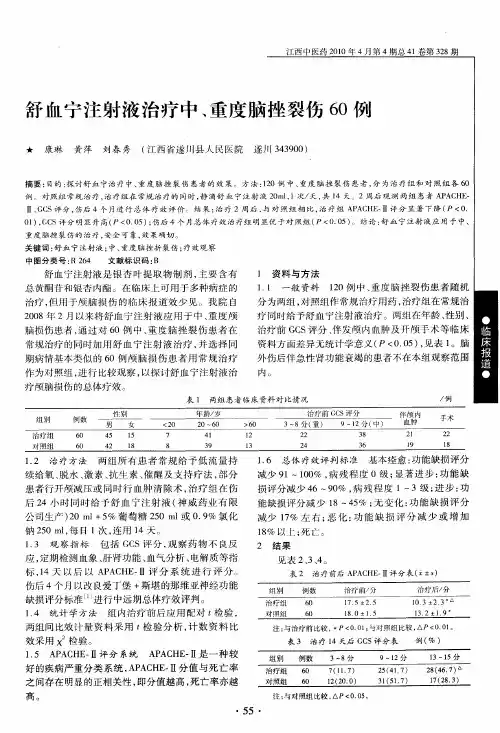 舒血宁注射液治疗中、重度脑挫裂伤60例