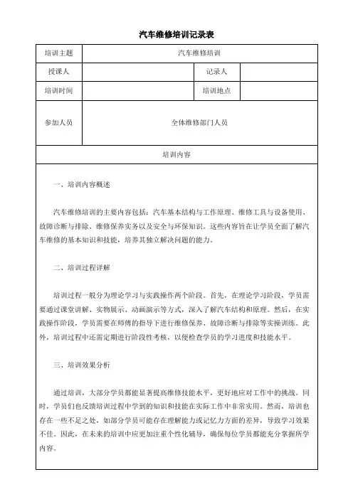 汽车维修培训培训记录表模板(可修改
