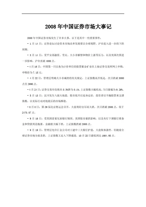 2008年中国证券市场大事记