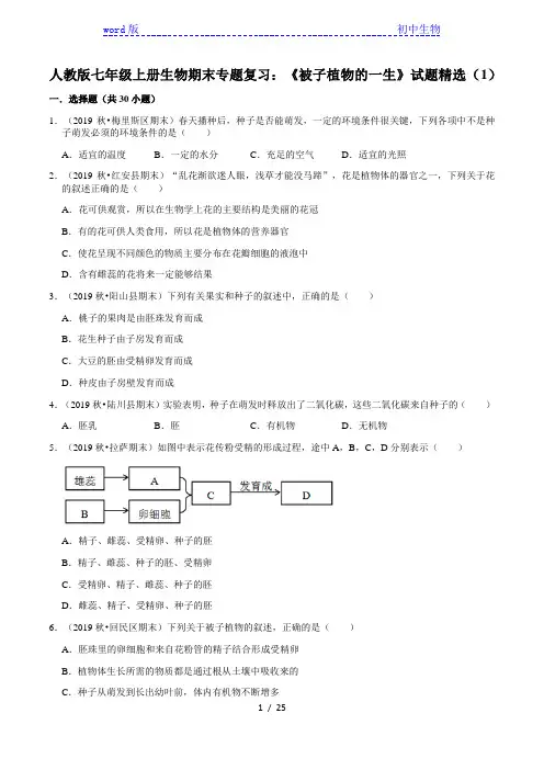 2020—2021学年人教版七年级上册生物期末专题复习：3.2《被子植物的一生》试题精选(含解析)