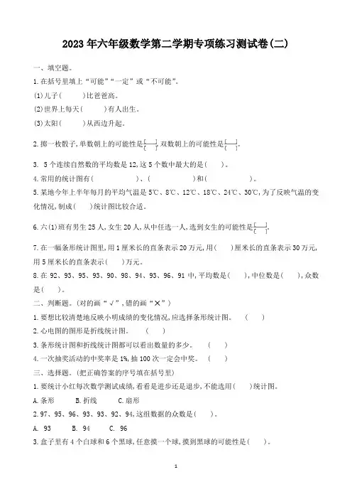 2023年人教版六年级数学第二学期专项练习测试卷及答案(二)